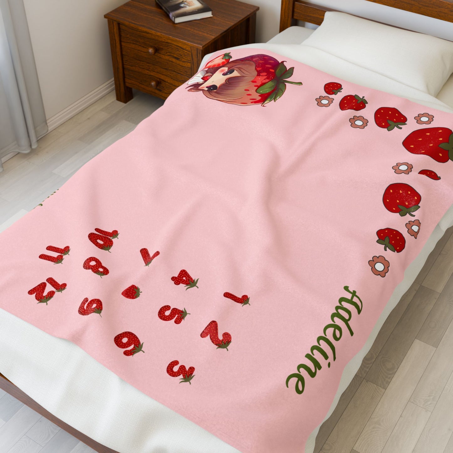 Personalized Strawberry Milestone Baby Blanket – Soft Velveteen Plush Fleece for Newborn Girls