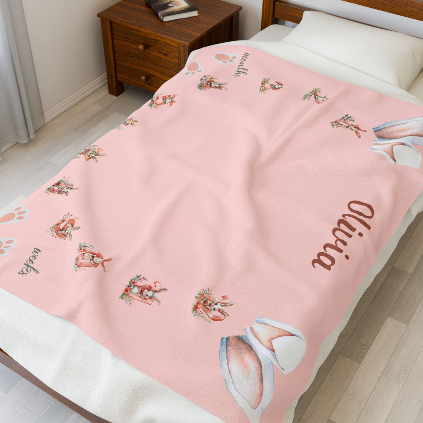 Personalized Bunny Milestone Baby Girl Blanket – Soft Velveteen Plush Fleece