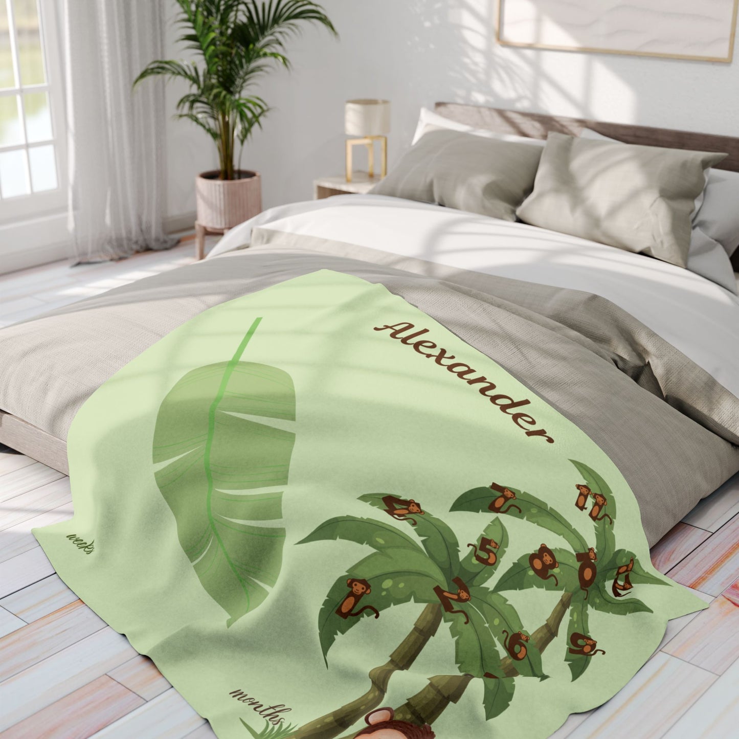 Personalized Jungle Monkey Milestone Baby Boy Blanket – Soft Velveteen Plush Fleece