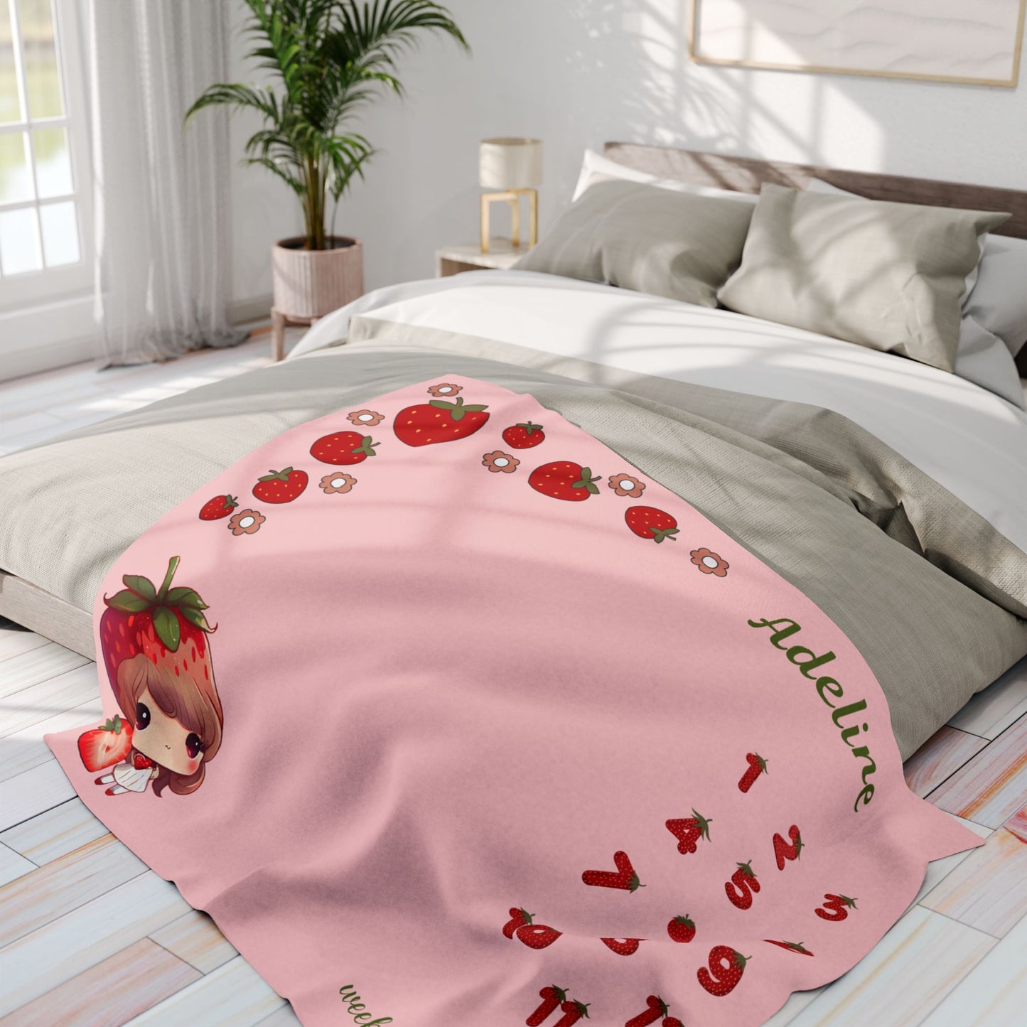 Personalized Strawberry Milestone Baby Blanket – Soft Velveteen Plush Fleece for Newborn Girls