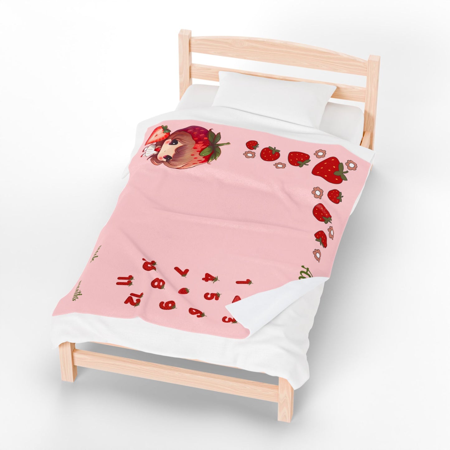 Personalized Strawberry Milestone Baby Blanket – Soft Velveteen Plush Fleece for Newborn Girls