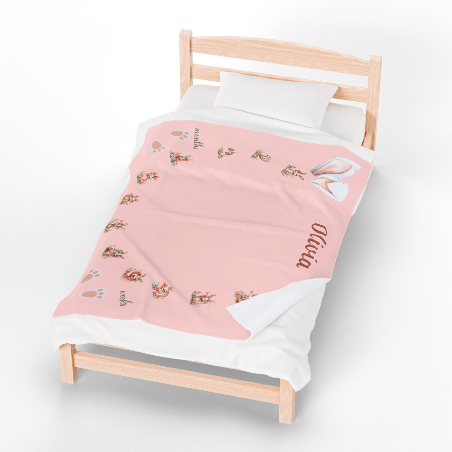 Personalized Bunny Milestone Baby Girl Blanket – Soft Velveteen Plush Fleece