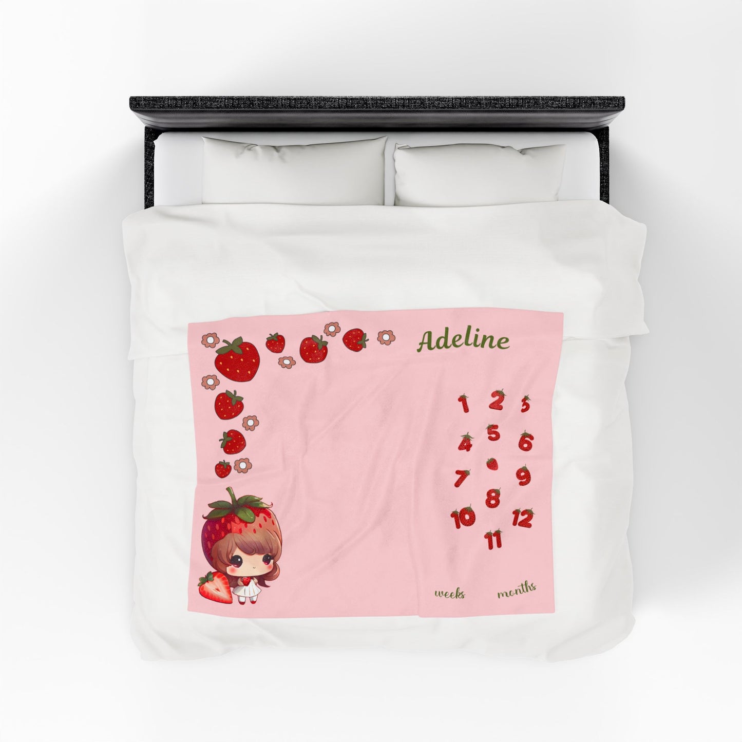 Personalized Strawberry Milestone Baby Blanket – Soft Velveteen Plush Fleece for Newborn Girls