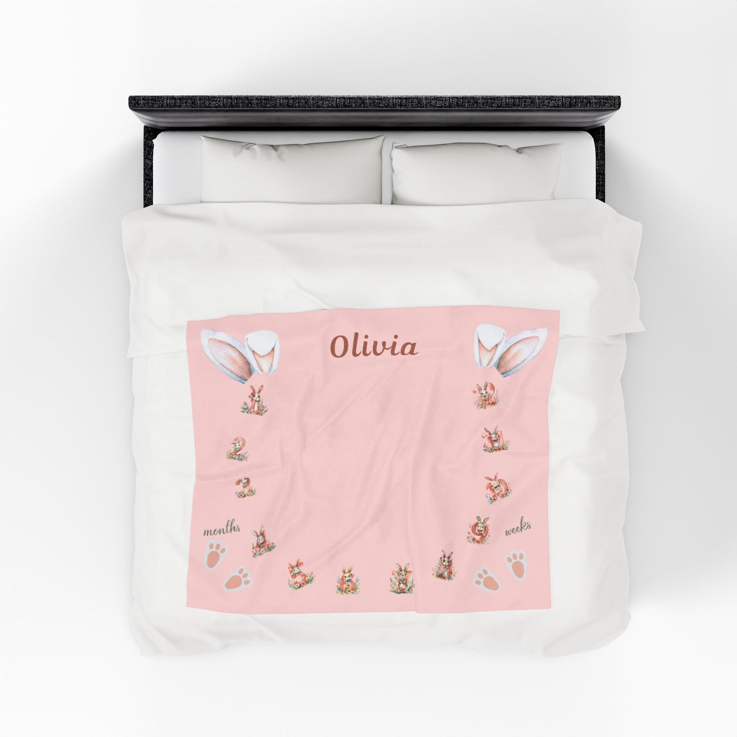 Personalized Bunny Milestone Baby Girl Blanket – Soft Velveteen Plush Fleece
