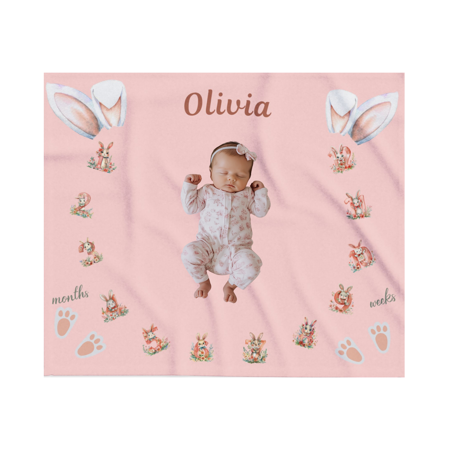 Personalized Bunny Milestone Baby Girl Blanket – Soft Velveteen Plush Fleece
