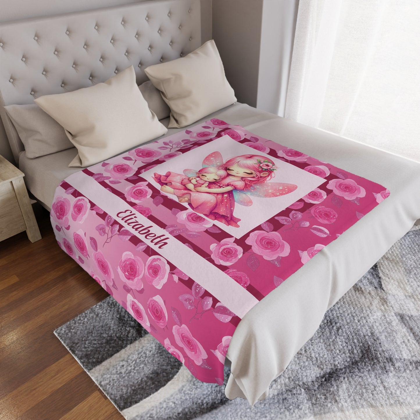Personalized Fairy Girl Blanket, Soft Minky Gift with Name, Pink Fairy and Floral themed