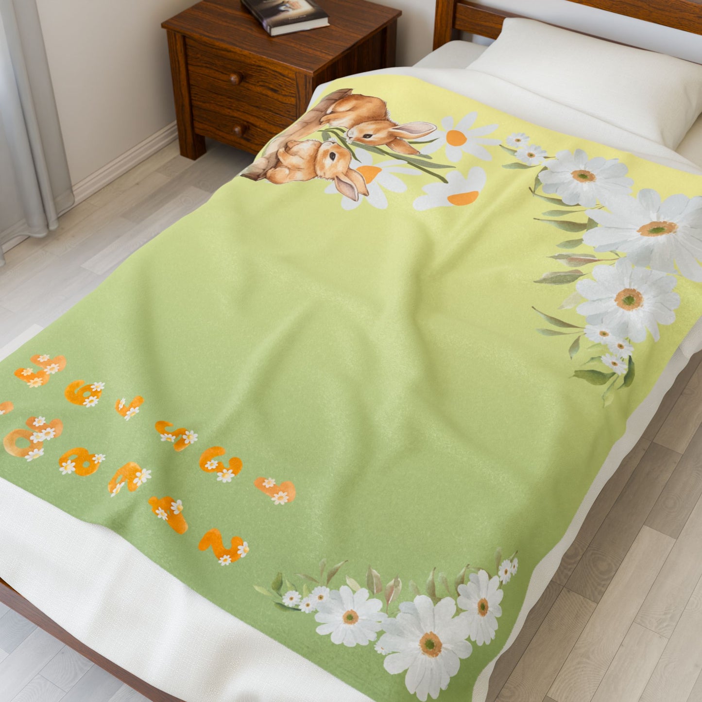 Dasies and Bunnies Baby Girl Velveteen Plush Blanket