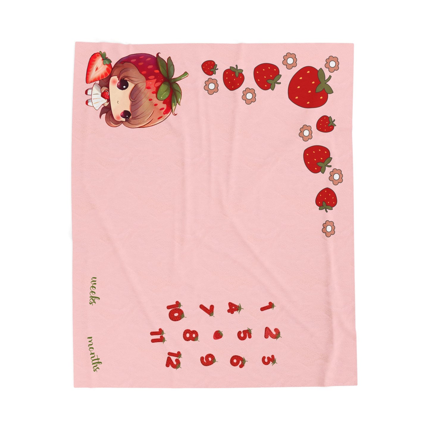 Personalized Strawberry Milestone Baby Blanket – Soft Velveteen Plush Fleece for Newborn Girls