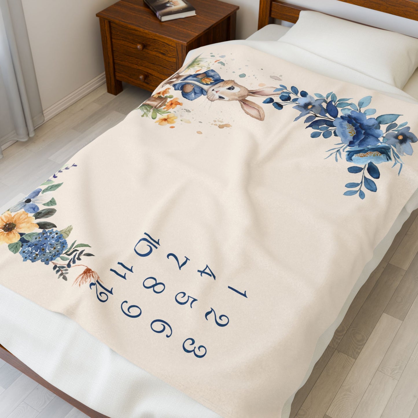 Personalized Bunny Milestone Baby Boy Blanket,  Velveteen Plush