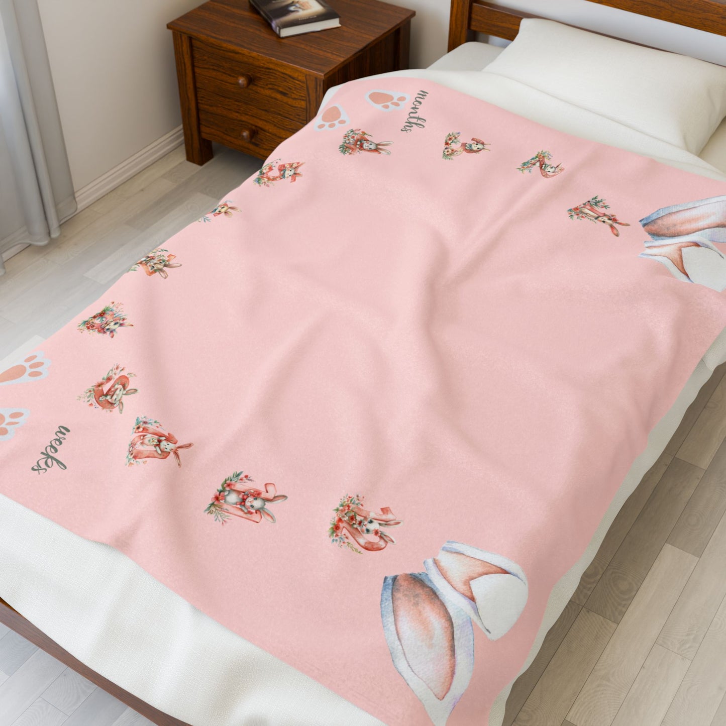 Rabbit and Numbers Milestone Baby Girl Velveteen Plush Blanket