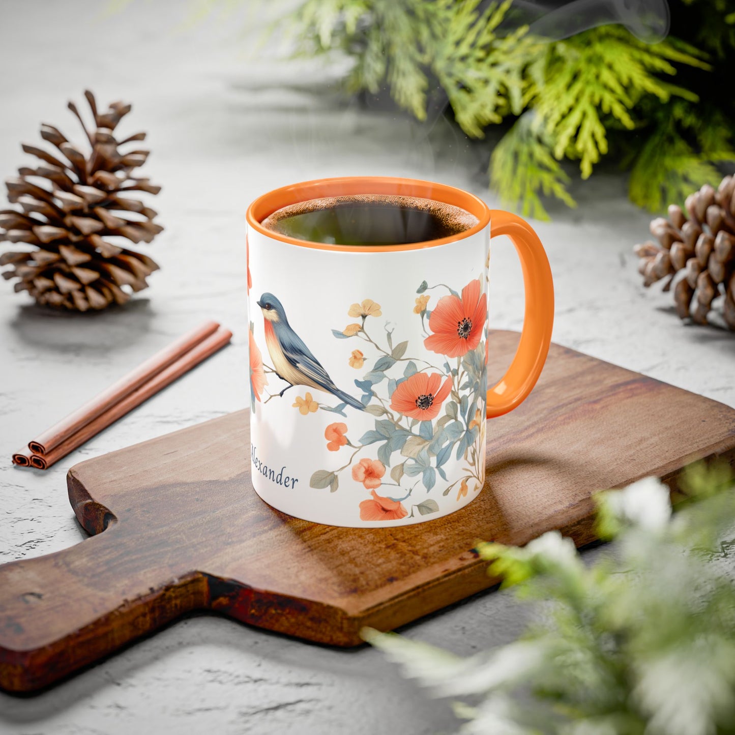 Orange flowers and bird Mug