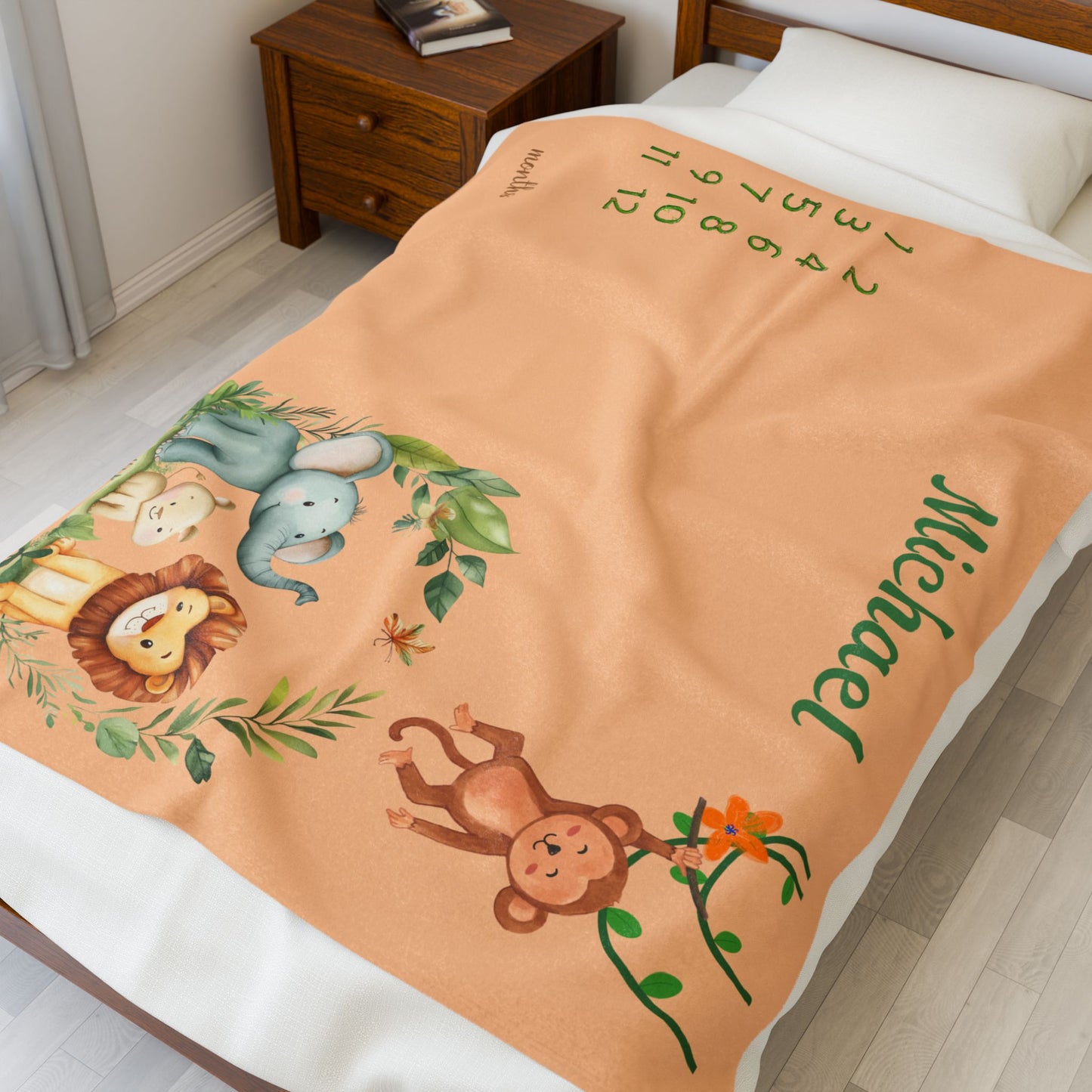 Personalized Jungle Safari Milestone Baby Boy Blanket – Velveteen Plush