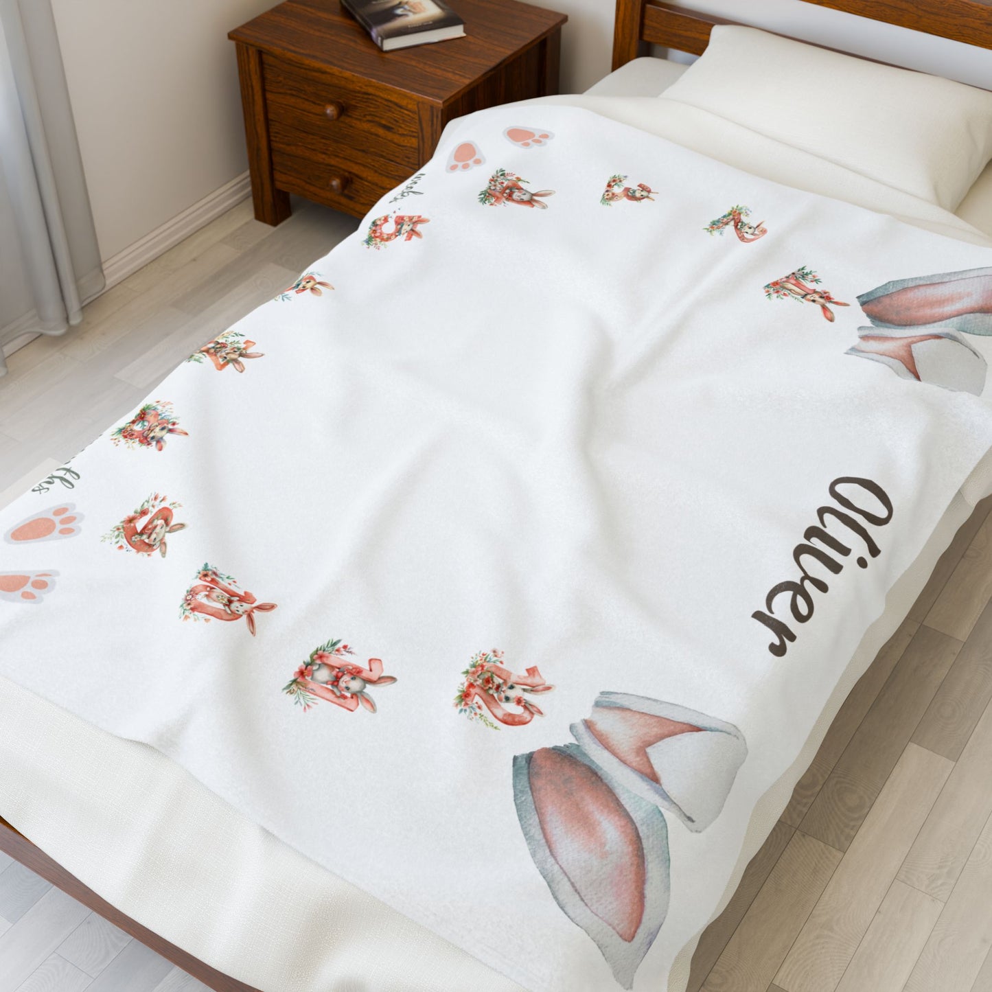 Personalized Bunny Ear Milestone Baby Boy Blanket – Soft Velveteen Plush Fleece