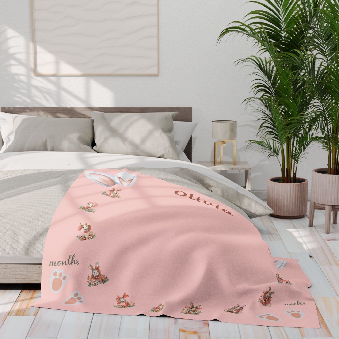 Rabbit and Numbers Milestone Baby Girl Velveteen Plush Blanket
