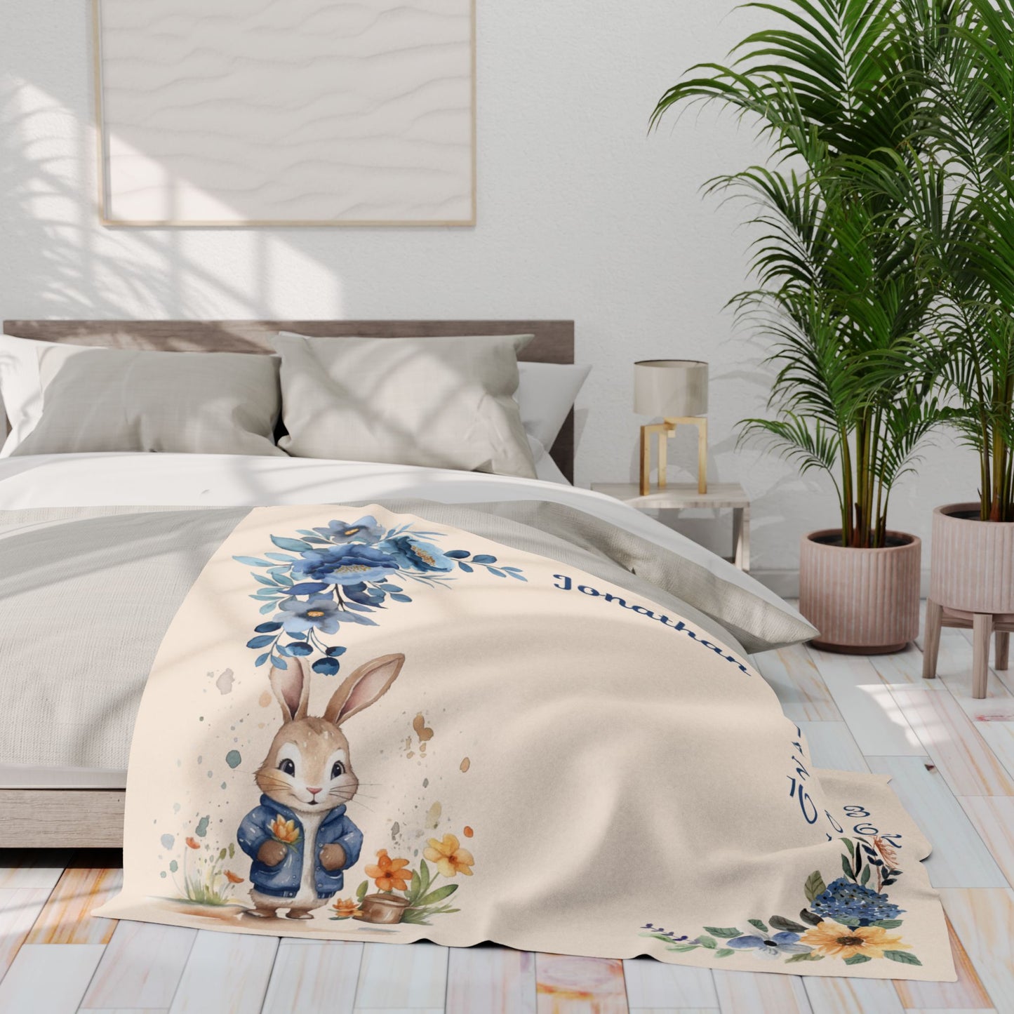 Personalized Bunny Milestone Baby Boy Blanket,  Velveteen Plush