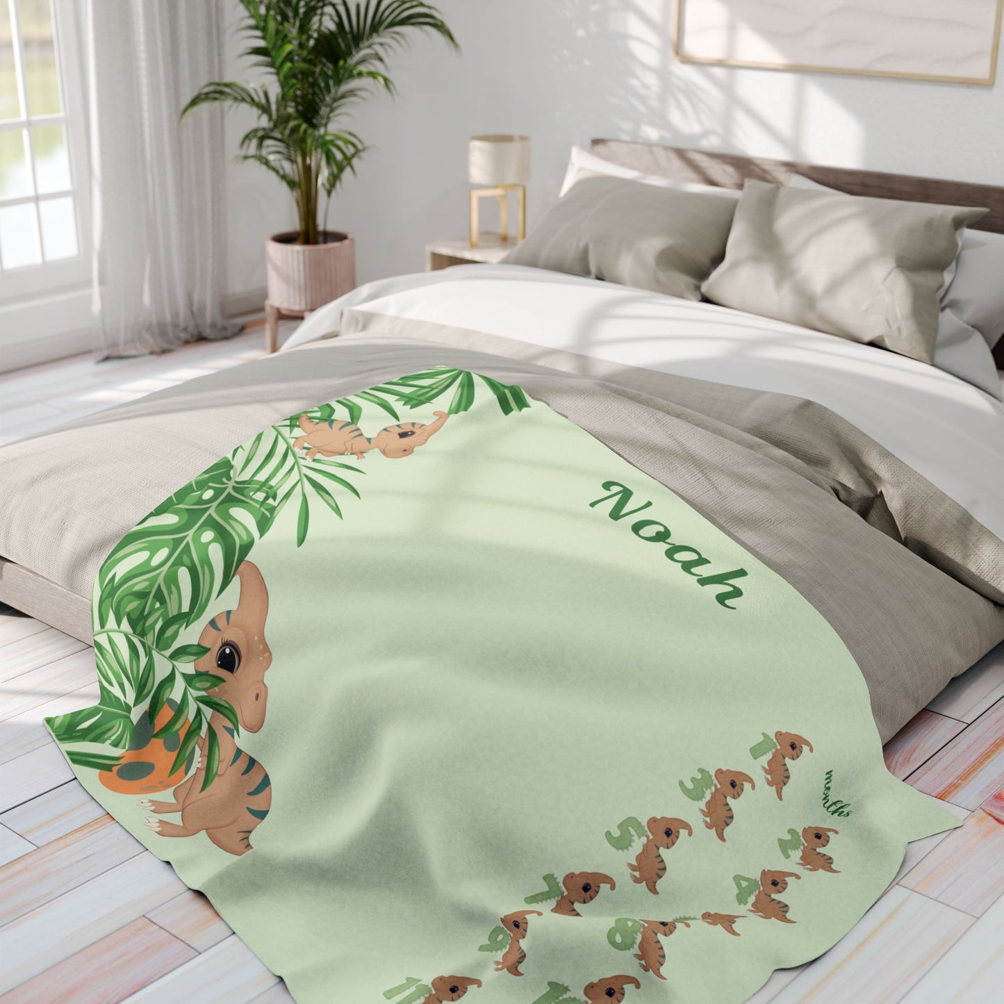 Personalized Dinosaur Milestone Baby Boy Blanket – Velveteen Plush Fleece