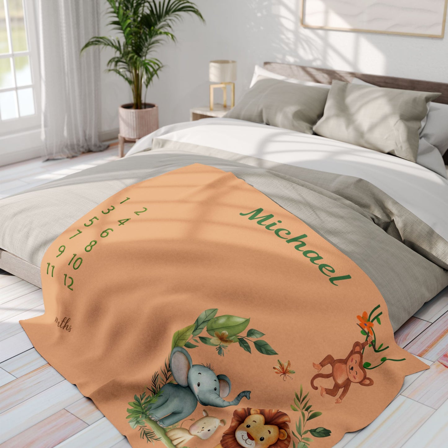Personalized Jungle Safari Milestone Baby Boy Blanket – Velveteen Plush
