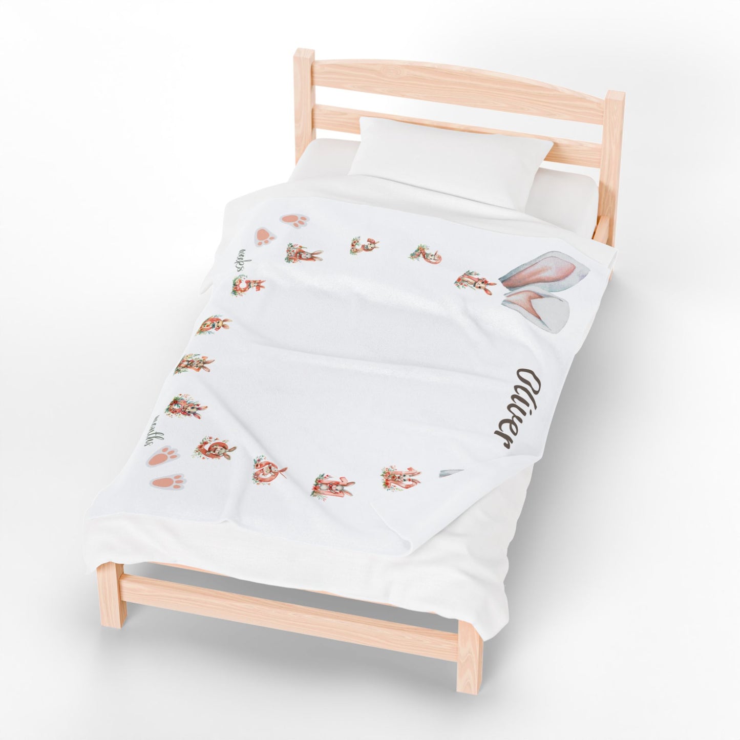 Personalized Bunny Ear Milestone Baby Boy Blanket – Soft Velveteen Plush Fleece