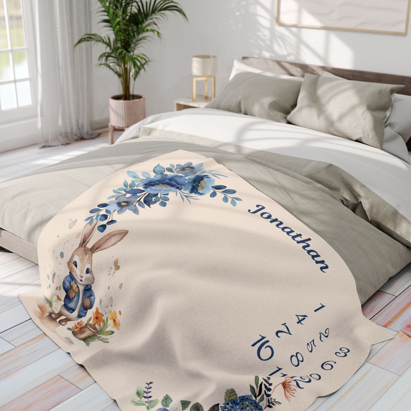 Personalized Bunny Milestone Baby Boy Blanket,  Velveteen Plush