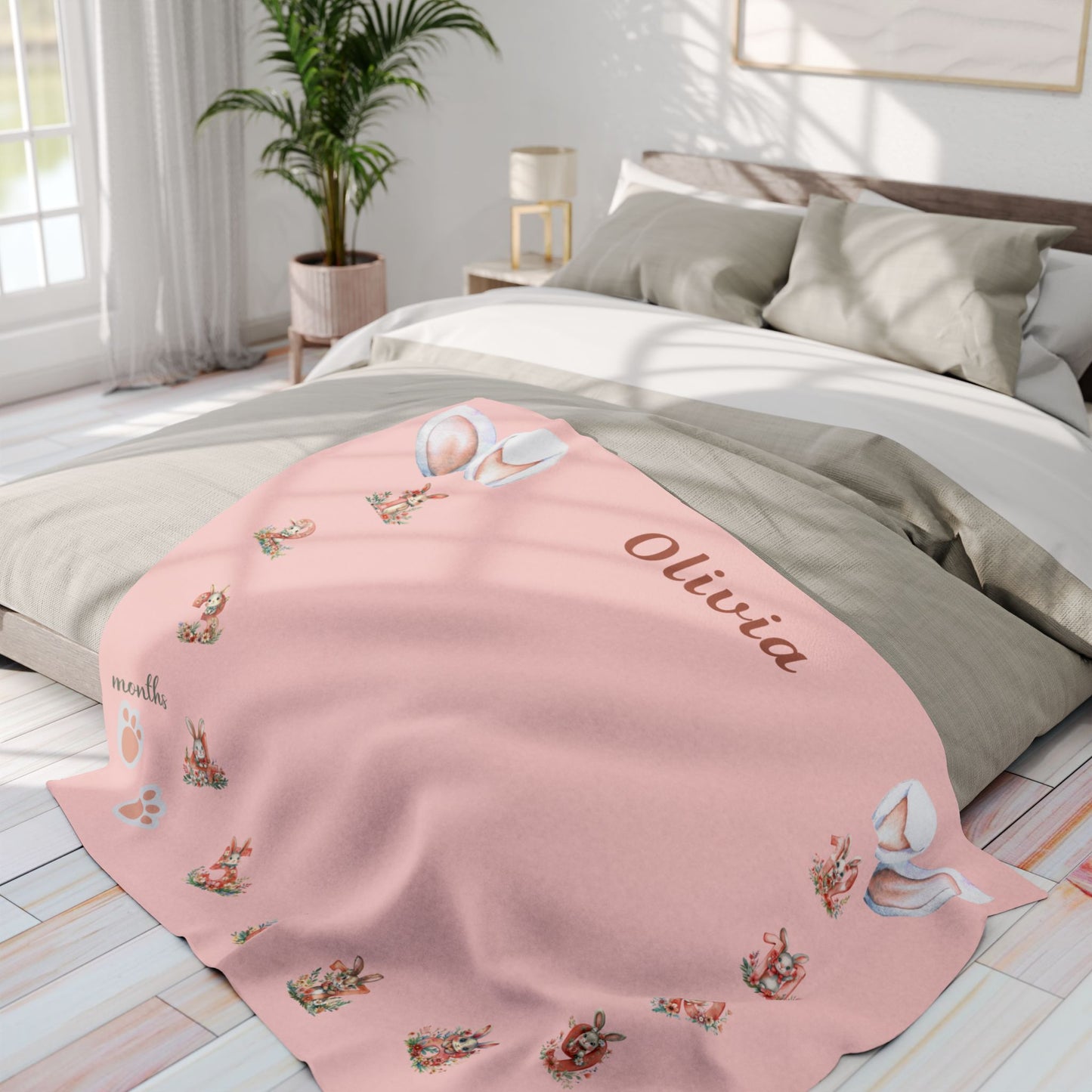 Rabbit and Numbers Milestone Baby Girl Velveteen Plush Blanket