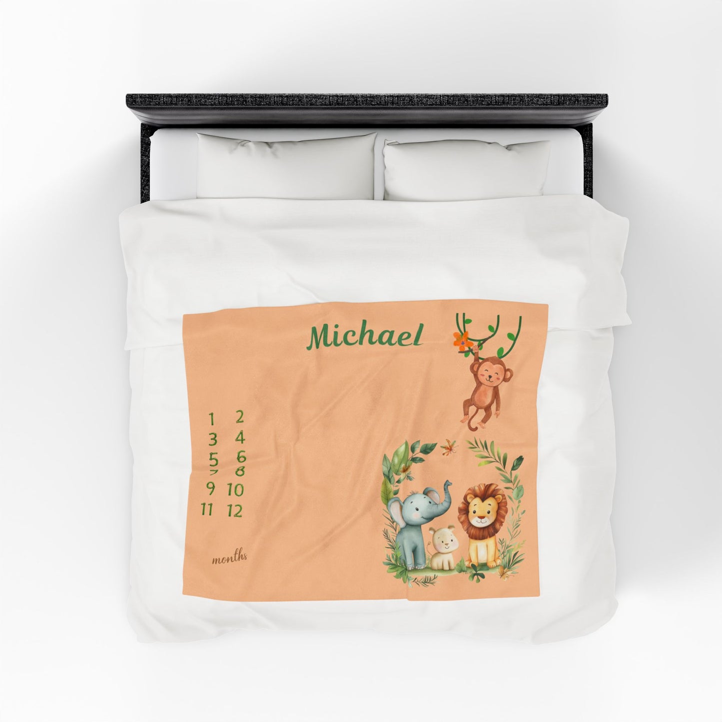 Personalized Jungle Safari Milestone Baby Boy Blanket – Velveteen Plush