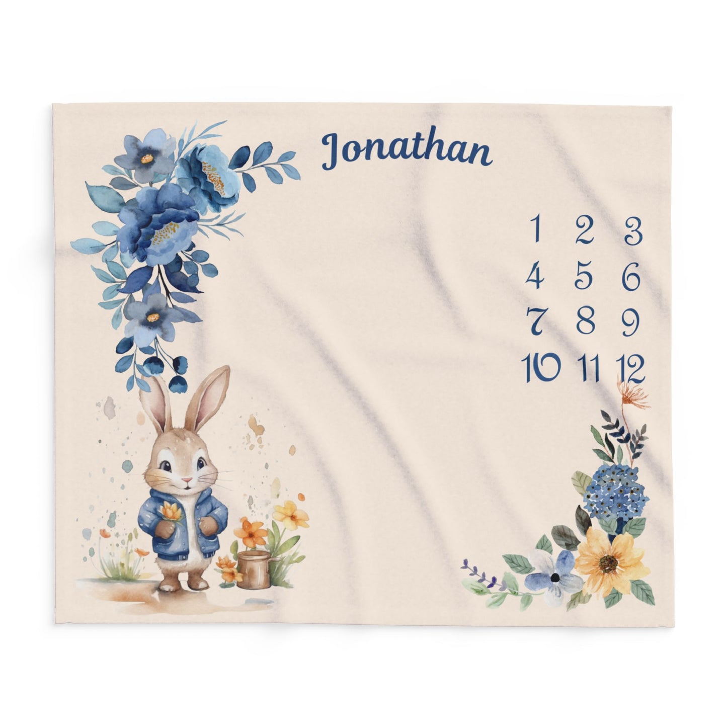 Personalized Bunny Milestone Baby Boy Blanket,  Velveteen Plush