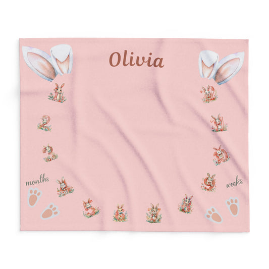 Rabbit and Numbers Milestone Baby Girl Velveteen Plush Blanket