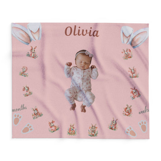 Rabbit and Numbers Milestone Baby Girl Velveteen Plush Blanket