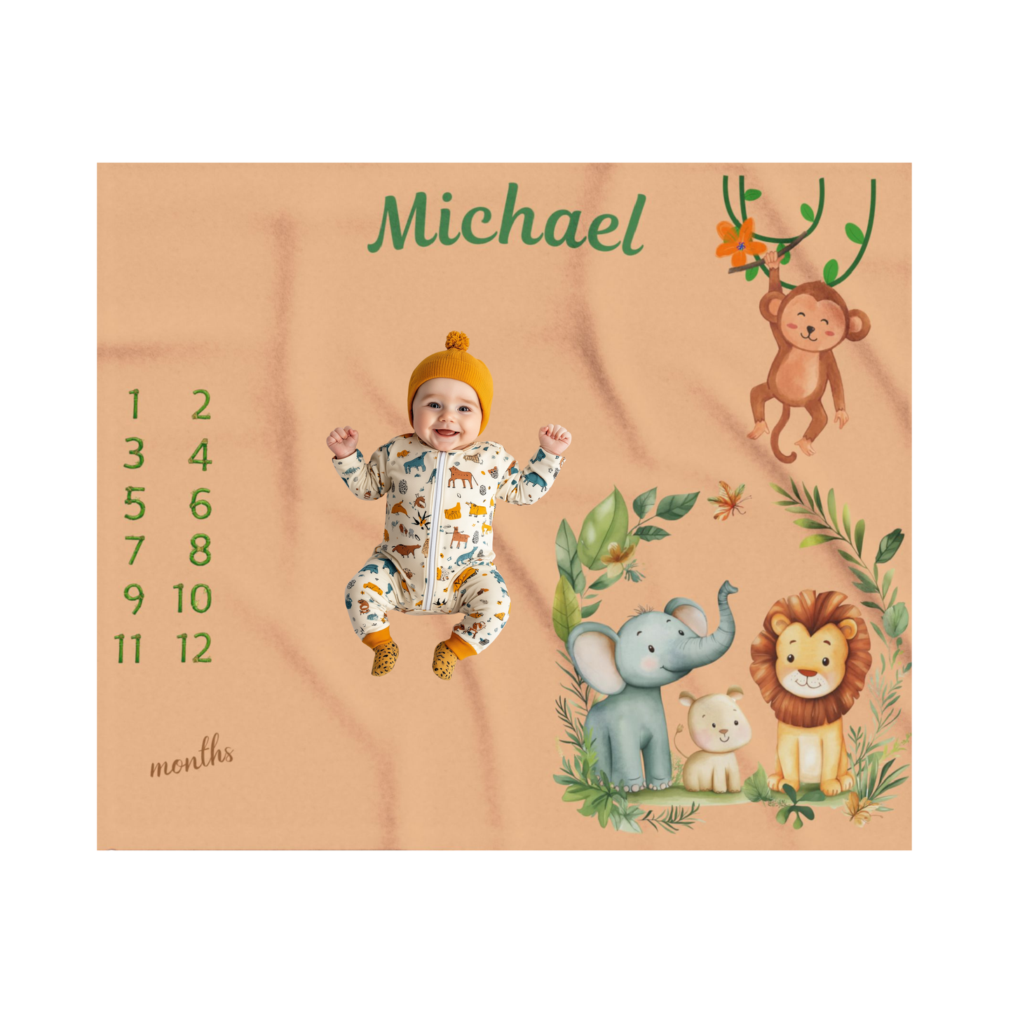 Personalized Jungle Safari Milestone Baby Boy Blanket – Velveteen Plush
