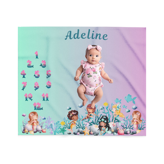 Personalized Mermaid Milestone Baby Blanket – Soft Velveteen Plush Fleece for Newborn Girls
